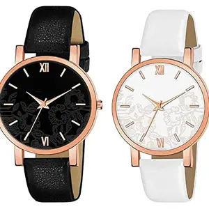 CERO Pack of 2 Analogue Leather Strap Girls & Women's Watch (Black & White Dial Black & White Colored Strap) (Black, White)