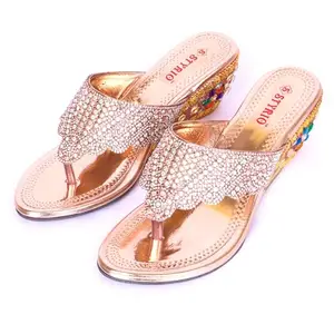 STYRIO Women Fancy Wedding Beads Embroidery Wedges Heel Sandal For Women & Girls | Stylish Embellished Wedding & Party Gold Footwear Sandals-(Pink, 7)