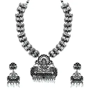 I Jewels Navratri Ethnic Silver Plated Traditional Black Stone Temple Jewellery Long Necklace With Earrings For Women & Girls (MC126ZB)