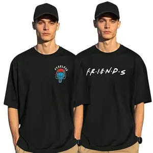 UG Fashion Mens Cotton Blend Oversized T-Shirt | Casual Printed Loose Fit Tshirt for Men | Combo Pack of 2 (Black-Design 5, XL) (UFCP012)