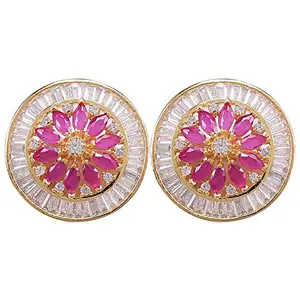 Ratnavali Jewels American Diamond Gold Plated Bold Stunning Red Ruby Stud Tops For Women/Girls