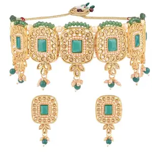 Amazon Brand - Anarva Crystal Green Kundan Choker Necklace Square Drop Dangle Earrings Set