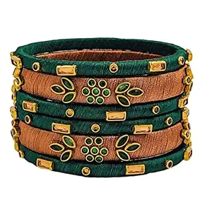 HABSA HABSA Hand Made Fancy Festival Silk Thread Fancy Festival Wear Kundan Stone Bangles Set of 6 Bangles Military Green-Honey (size-2/0)