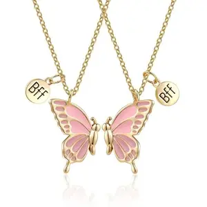 Octagon Hub Friendship Necklace for 2 Girls BFF Necklace for 2 Best Friend Necklace Cute BFF Charm with butterfly Pendant Necklace Sister Brithday Gift for Women Girls, Metal, No Gemstone