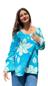 ALENJAN Rayon Floral Print Short Kurti for Women | Square Neck Long Sleeve Top for Women | Soft Breathable Fabric | Relaxed Fit | Casual and Office Wear