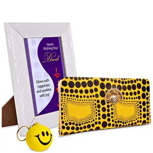 Alwaysgift Here's Wishing Your Diwali Ladies Wallet, Smiley Keychain, Quotation Photo Frame Hamper Diwali Gift