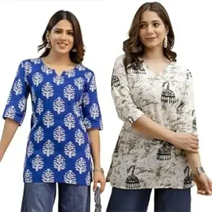 MS VHCK ENTERPRISE Women's Cotton Printed Short Kurti, Round Neck, Three Quarter Sleeve, Straight Fit, Pack of 2