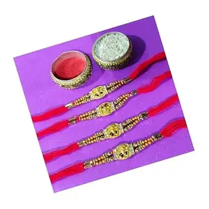 GIRLYZ ATTIRE Rectangle Golden Mini Ganesh Face Stone Rakhi | RakshaBandhan Rakhi | With Roli & Chawal (GIRLYZ-0120) (Pack of (6)