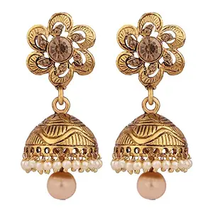 Styylo Fashion Traditional Gold Plated Floral Shape Designer Golden Stone and Pearl Jhumka For womens