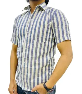 Men's Short Sleeve Striped Cotton Shirt, Casual Button Down, Rust and White Vertical Stripes (in, Alpha, M, Regular, Blue)