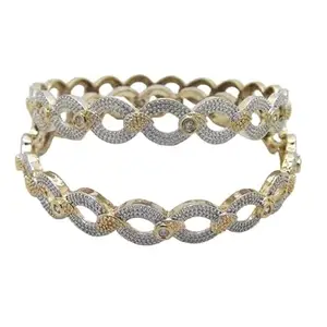 Femmibella Gold Plated Set Of 2 Cubic Zircon Studded Floral Bangles Set For Women and Girls