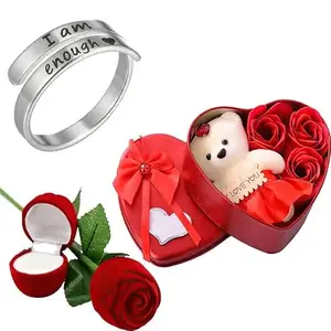 Fashion Frill I Am Enough Love Finger Ring For Women & Girls|Adustabale|Silver Plated With Red Rose & Heartbox For Propose|Marriage|Ceremony|Engagement|Valentine's Day|Birthday|Anniversary,Adjustable