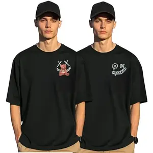 UG Fashion Mens Cotton Blend Oversized T-Shirt | Casual Printed Loose Fit Tshirt for Men | Combo Pack of 2 (Black-Design 5, M) (UFCP024)