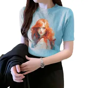 Istyle Can Printed Round Neck Rib Knit Regular Top for Women (Portrait of a Lady) (Large, Sky Blue)