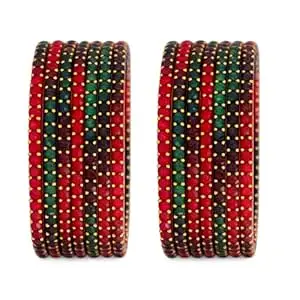 Srijman Glass Bangles Set of 12 for Women | Designer Beaded Gold Accent Chudi Set | Lightweight Traditional Bangles | 20+ Colours Available | Sizes 2.4, 2.6, 2.8