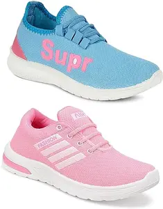 WORLD WEAR FOOTWEAR Soft Comfortable and Breathable Canvas Lace-Ups Sports Running Shoes for Women (Blue and Pink, 5) (S17283)