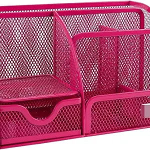 AMINIT Mesh Desk Organizer Office Supplies Caddy with Storage Drawer Desktop Decor Accessories for Office School and Home Pink