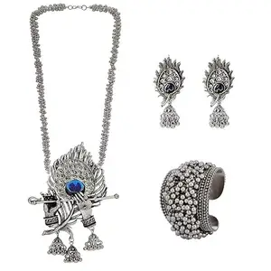 Elegant Oxidized Kanha Necklace Set with Intricate Ghungroo Bracelet for Women – Traditional Indian Jewelry for Special Occasions