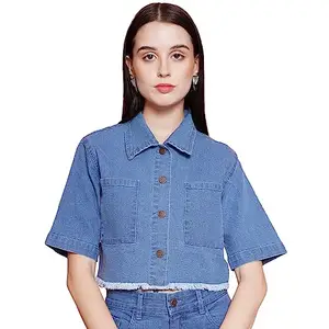 Vestido Modas Women Blue Front Pocket Summer Denim Crop Jacket, in Top Wear fabric, Boxy Fit, Hemline and features Big Pockets Detail At Front (VDJACKET802_XL_Blue)