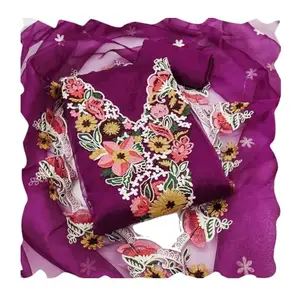 HMP Fashion Women Organza Silk Muilty colour embroidery Work Unstitched Dress Material With work Dupatta Free Size set (WINE1)