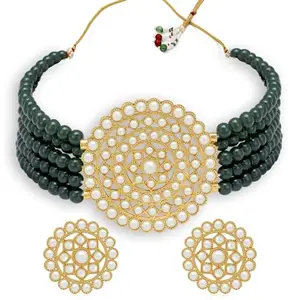 Women's Gold Plated Earring Necklace Set_Choker-Beads-Dgreen1