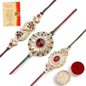 MNBX Rakhi For Brother Exquitely Kundan Designer | Rakhi For Brother Set Gold Plated Premium | Rakhi Set of 3 with Greeting Card and Roli Chawal