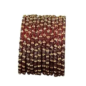 Glass Bangle Women's Traditional designer glass zircon bangles set with rose pattern and golden stone work stylish for occasional wear(Pack of 12 Pcs)