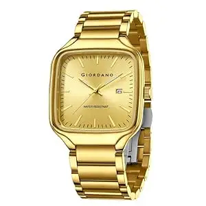 Giordano Analog Watch for Men – Square Dial, Stainless Steel Strap, Date Display, Water Resistant Classic Dress Watch