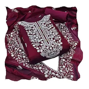 Fashionfrik Women's Chanderi Cotton Embroidery Work Unstitched Salwar Suit Dress Material With Dupatta (Wine) - FSRNK_025