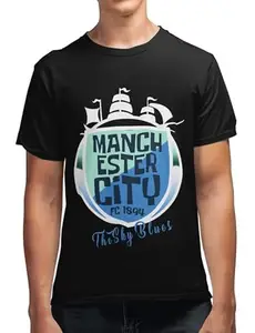 Revind.442 Sky Blues of Manchester, Home Logo' Men's Pure Cotton Graphic Printed T-Shirt