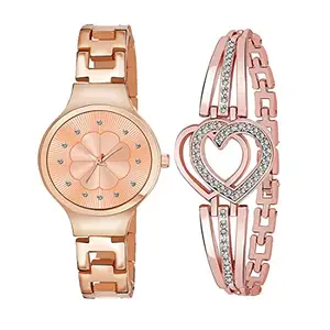 GOLDENIZE FASHION New Analogue Stylish Colorblock Diamond Dial Rose Gold Stainless Steel Quality Strap Women & Girl's Watch with Bracelet or Rose Gold Bracelet Watch (Pack of 2) (Saphire Rose Gold)