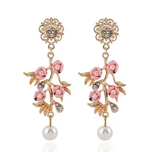 Cinderella Collection By Shining Diva Fancy Pink Flower & Golden Hanging Earrings For Girls(7270er)