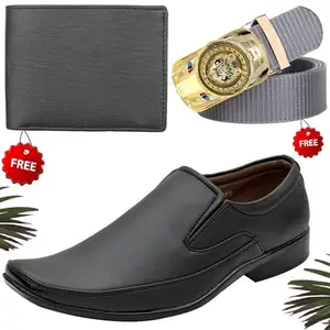 Vitoria Men's Aadab PU Formal/Party Shoes | Shoes Combo with Free Wallet & Belt | Stylish & Comfortable | Ideal for Office, Casual Outings, Parties (5455_VTOR-BLK-2003) (Multicolor)(Size: 10UK)