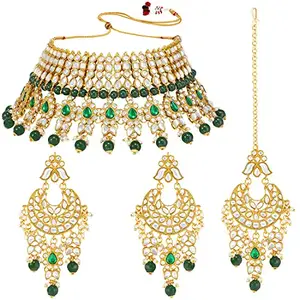 Peora Gold Plated Green Kundan Choker Necklace Earrings Maang Tikka Jewellery Set for Women