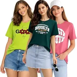 London Hills Women Cotton Printed T-Shirt Combo Pack of 3 | Loose Fit Half Sleeve Round Neck Graphic Tees for Girls & Ladies | Women’s Western Tops | Cute Trendy Print Summer Fashion T-Shirts