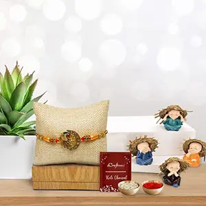 eCraftIndia Designer Peacock Rakhi with Set of 4 Monk Buddha Statues and Roli Chawal Pack, Raksha Bandhan Greeting Card - Rakhi Gift Hamper for Brother, Bhaiya, Bhai