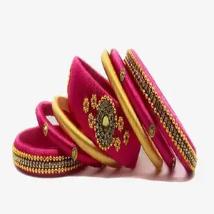 HARSHAS INDIA CRAFT Silk Thread Bangles With Kundan Stones Chuda Bangle Set For Womnes and girls (Gold-Pink-1) (Size-2/8)