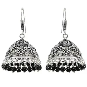 Traditional Oxidized Silver Jhumki Earrings, Black Pearl Beads, Floral Design, Dome Shape