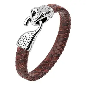 Young & Forever mothers day gift for mom Silver Stainless Steel Snake Head Hook Clasp Handmade Brown Braided Genuine Leather Wristband Wrap Bracelet for Men Women