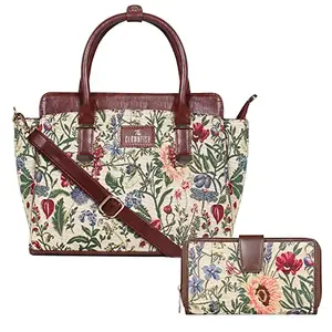 THE CLOWNFISH Combo Of Zella Tapestry Handbag for Women (Flax) Stella Ladies wallet Womens Clutch Purse (Flax)