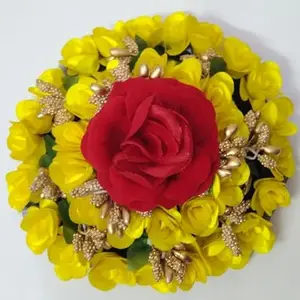Ruchi Bridal Flower Bun Hair Gajra,Fabric Flower For South Indian Wedding, Juda Decoration Gajra Yellow /Red (Pack-01)