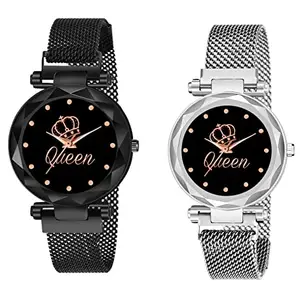 KIARVI GALLERY Casual Analogue Crown Dial Magnetic Strap Analog Watch for Girl's and Women (Pack of 2) (Black Silver)