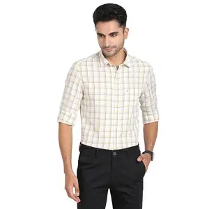 Turtle Men 100% Cotton Slim Fit White & Yellow Check Full Sleeve Casual Shirt