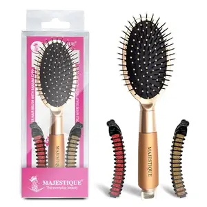 Majestique Detangler Hair Brush with Banana Clips | Oval Shape Brush Ball Tip Synthetic Bristles | Banana Hair Clips for Thick Hair, Non-slip Ponytail Holder Clip - 3Pcs/Multicolor