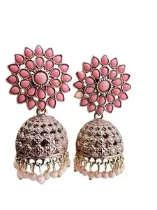 SJ STORE Women's Jewellery Earrings For Women Traditional Gold Plated Floral Golden Pink Jhumkas Pearl Studded Drop Earrings For Women Gift (Peach)