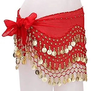FDF Red Belly dance Belt Hip Scarf Wrap Belt Skirt with 128 Gold coins for girls and women