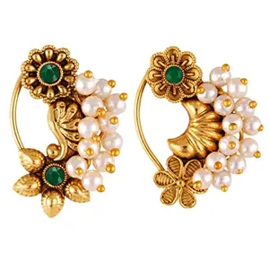 Vivastri's Premium & Elegant Peackock Style Cubic Zirconia Bead Studded Nose Rings For Women & Girls -VIVA1180-1179NTH-Press-Green