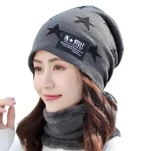 VKG Twist Color Winter Very Soft Warm 1 Set Snow Proof Knitted Ball Cap (Inside Fur) Woolen Beanie Cap + Neck Muffler Scarf Set for Ladies Women Girl (Grey)