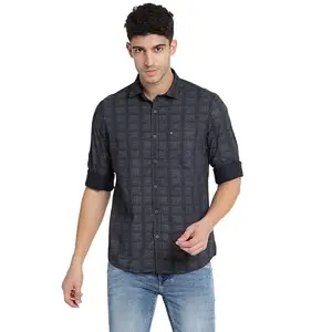 Turtle Men Navy Blue Cotton Printed Slim Fit Casual Shirts