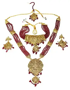 LA BELLEZA Traditional Ethnic Gold Plated Long Kundan/Polki Pearl Choker Necklace with Rani Haar Earrings Maang Tikka Dulhan Bridal Jewellery Set Combo for Girls and Women